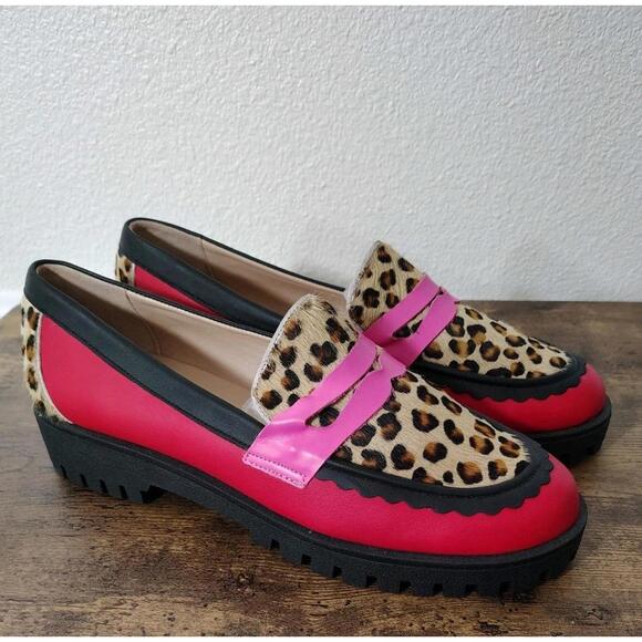 Roarrr Elina Linardaki Leopard Loafers MSRP $258 Red Pink Size 42 Feminine Artsy - Picture 1 of 7